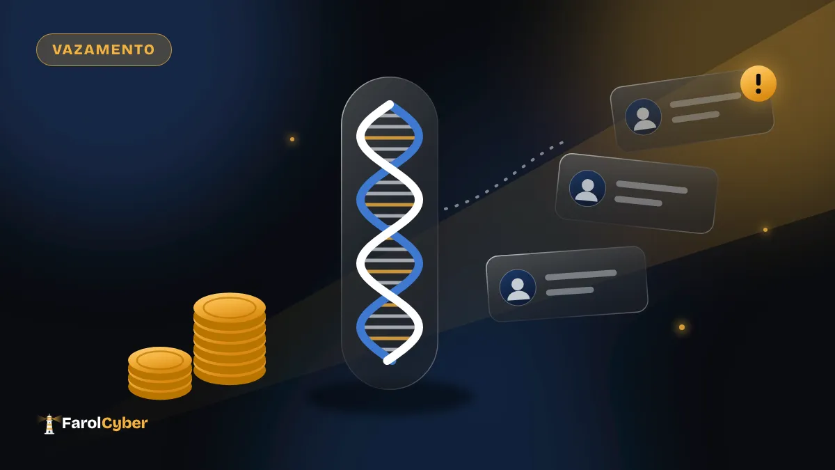 Ilustração de uma hélice de DNA dentro de um tubo de ensaio, com fichas de perfis escapando e pilhas de moedas ao lado.