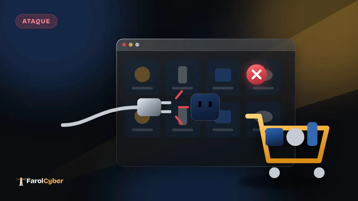 Ilustração de uma loja online fora do ar, com a tomada desconectada e um carrinho de compras na frente.