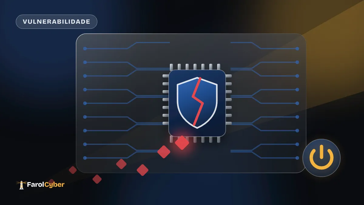 Ilustração de um chip na placa-mãe com o escudo do Secure Boot rachado e código malicioso entrando por baixo.