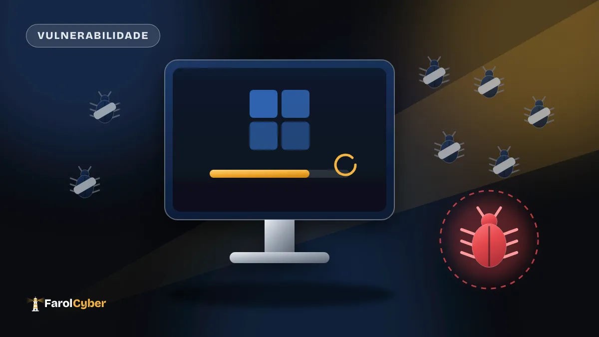 Ilustração de um monitor instalando atualização, cercado de falhas já corrigidas e uma falha vermelha em destaque.