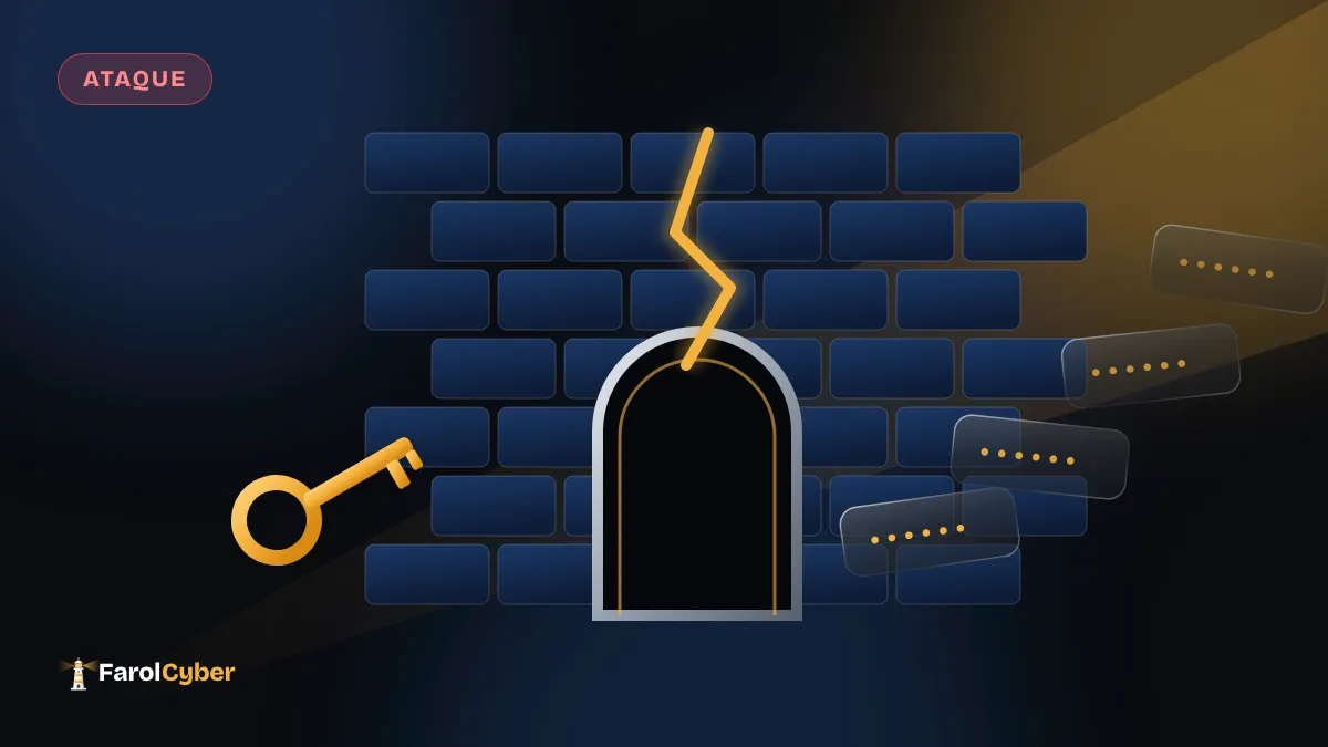 Ilustração de um muro de tijolos rachado com o túnel de uma VPN, uma chave e várias senhas escapando.