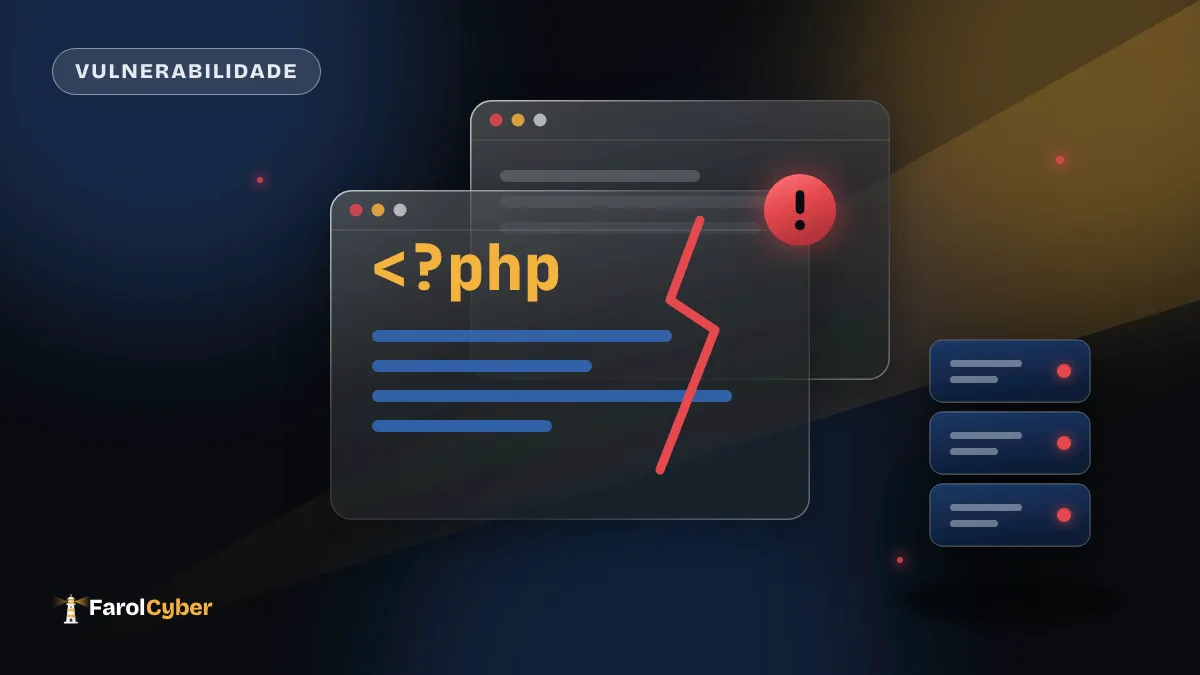 Ilustração de janelas de sites com código PHP rachado, um alerta vermelho e um servidor com luzes de aviso.