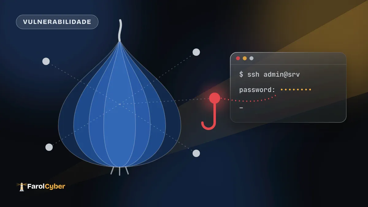 Ilustração de uma cebola em camadas conectada a nós da rede, um deles vermelho, fisgando a senha de um terminal SSH.